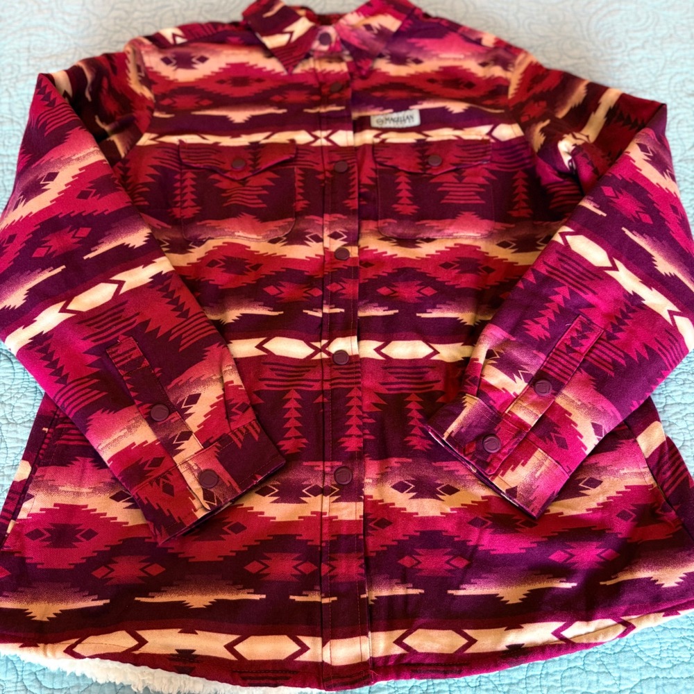 Magellan Outdoors Womens Sherpa Lined Flannel Shirt Jacket Southwestern Pink L
